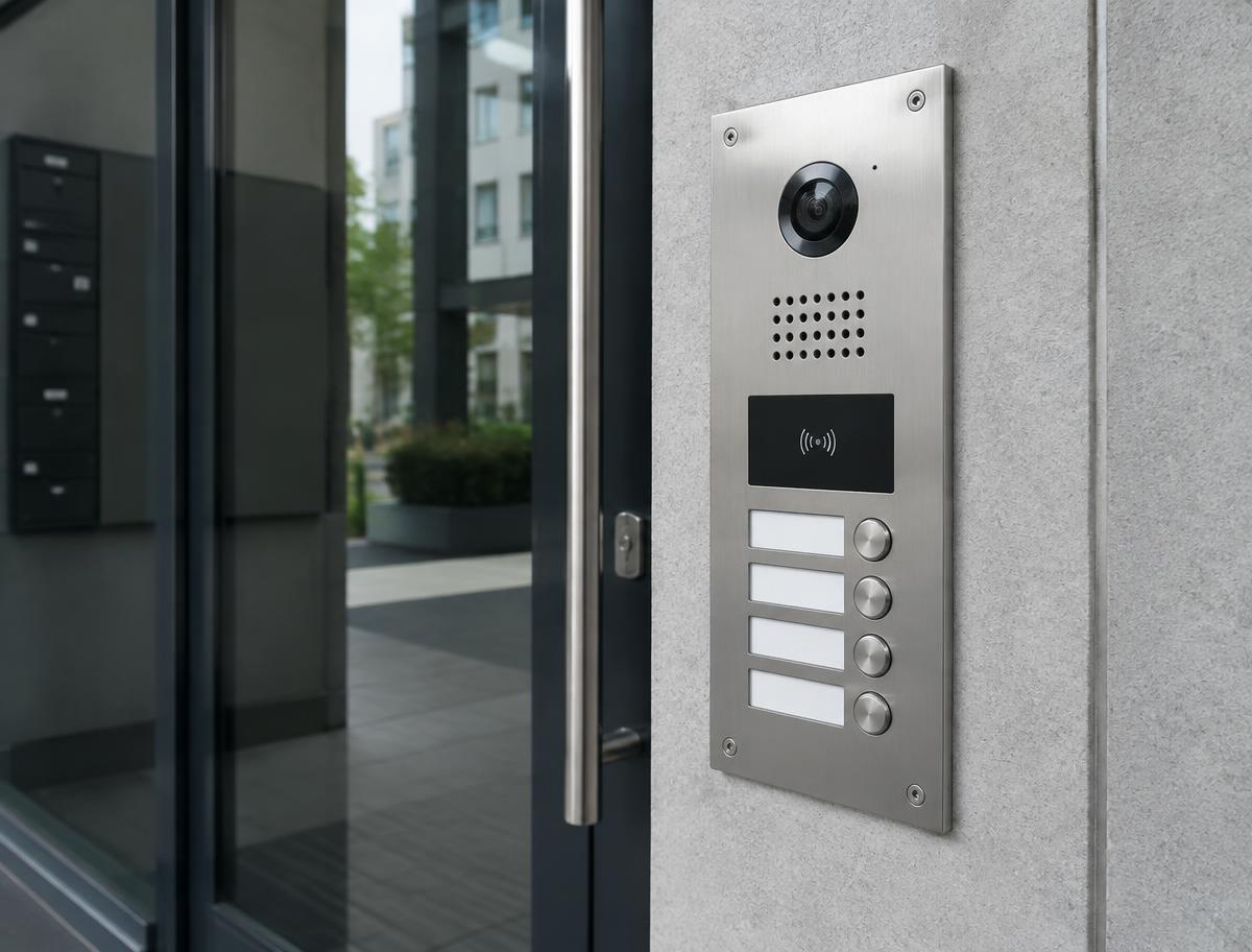 Stainless steel video door entry panel at a building entrance
