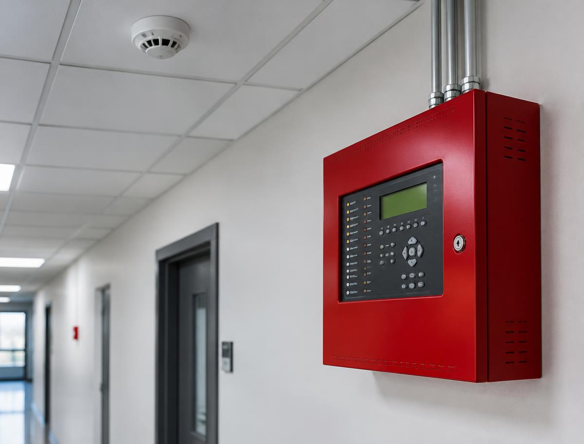 Fire alarm control panel mounted in a commercial corridor with a ceiling smoke detector