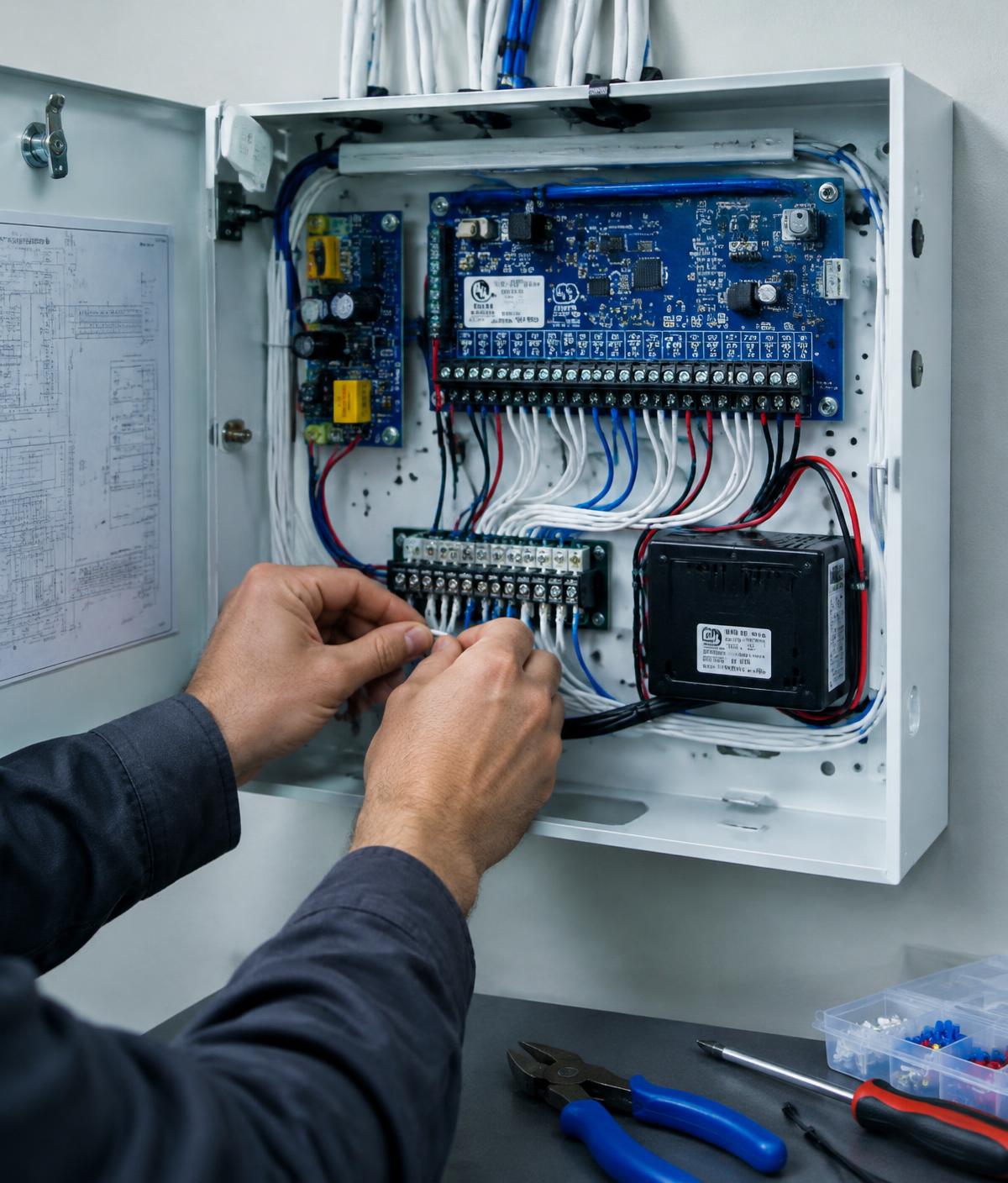 Engineer neatly terminating cables inside a security control panel